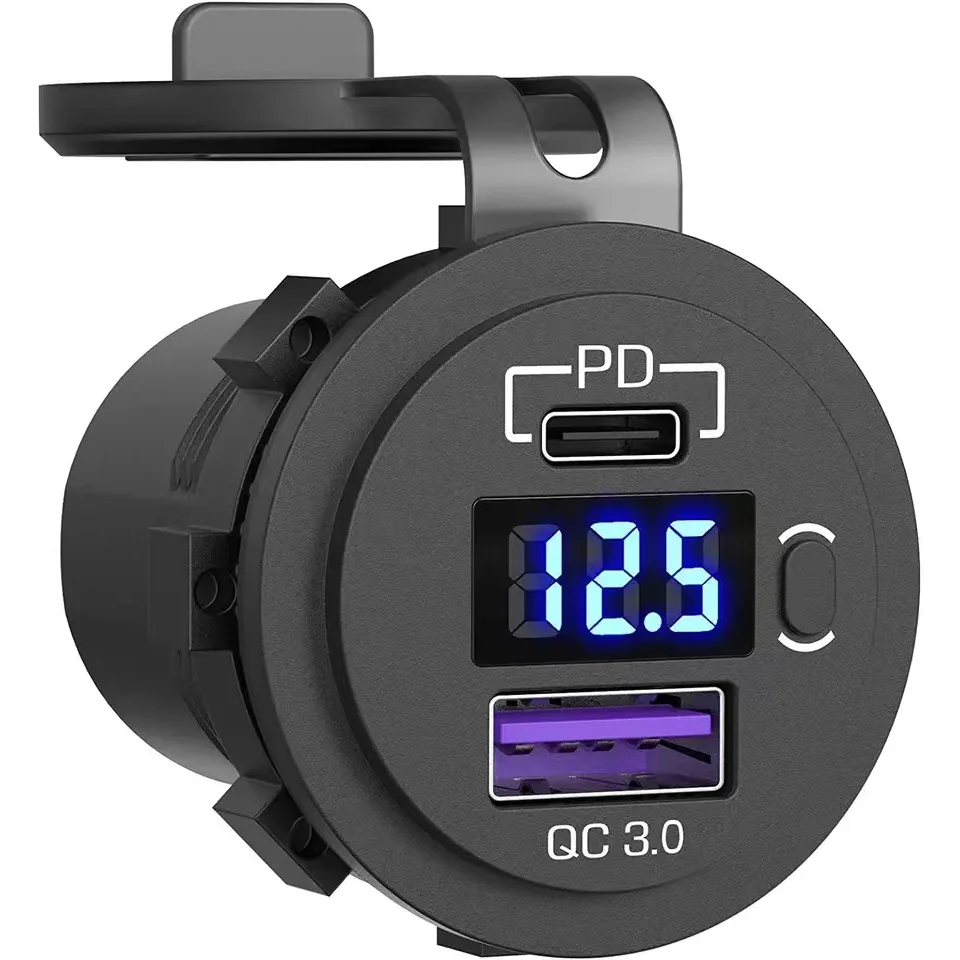 Gniazdo ładowarki samochodowej USB C 12V/24V Podwójne gniazdo USB PD3.0 i QC3.0 Samochodowy port USB z woltomierzem LED i przełącznikiem włącz/wyłącz