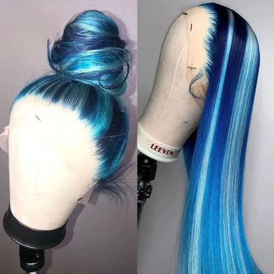 Highlight Ombre Blue Straight Lace Front Wig 13x4 HD Lace Frontal Wig Synthetic High Quality Heat Resistant Daily Wear Cosplay