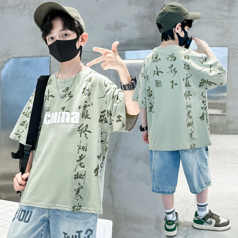 Summer Boys Chinese Calligraphy Print T-Shirts Tee Tops for Kids Cotton Tshirt Child Casual Streetwear Teenage Outerwear Clothes