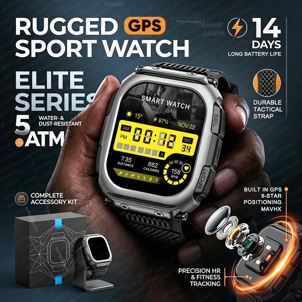 Reloj inteligente deportivo GPS Pro resistente, modelo 2026, con brújula GNSS integrada, altímetro, resistencia al agua 5ATM, batería de