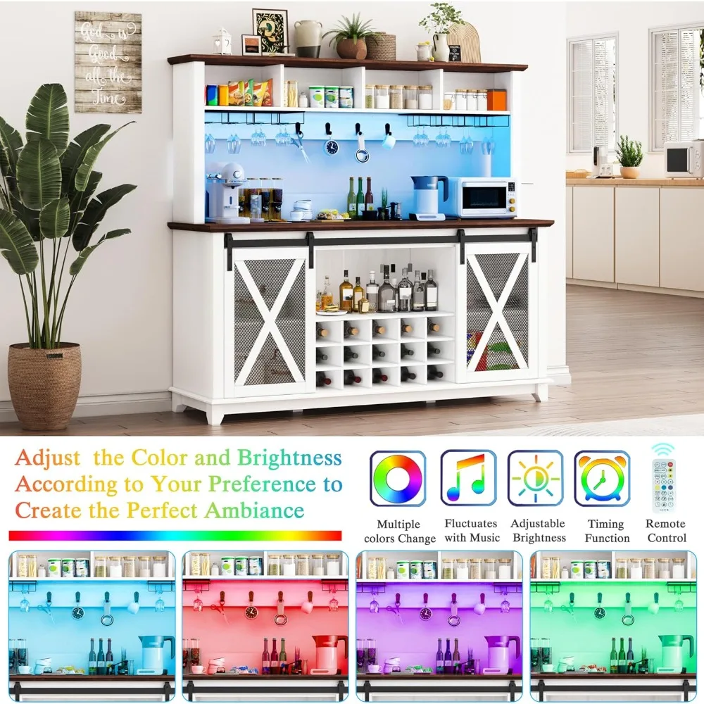 63インチのファームハウス風コーヒーバーキャビネット（LEDライト付き）、収納付きワインバーキャビネット、スライド式納屋風ドア付きキッチンビュッフェハッチ