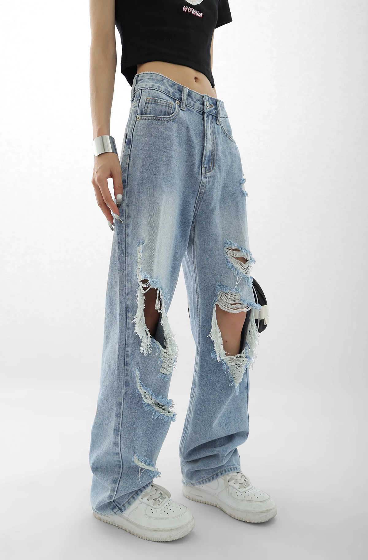 

Ripped Jeans for Women Fashion Low Waist Vintage Streetwear Blue Jeans Woman Straight Loose Y2K Denim Wide Leg Jeans