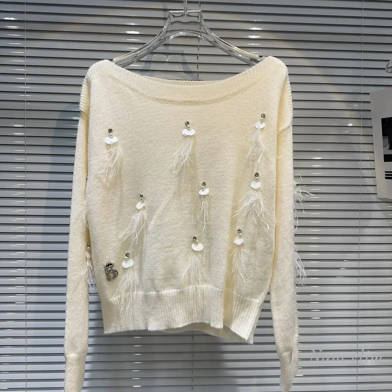 2024 Spring Winter New Feather Sequined Beads Sweet Solid Color Wool Knitted Sweater for Women