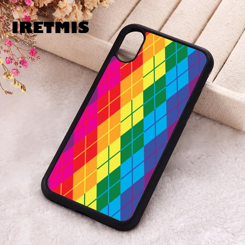 Iretmis Phone Cover Case For iPhone X XS Max XR 11 12 13 PRO MINI 14 15 16 Plus Rubber Silicone Rainbow Argyle Pattern