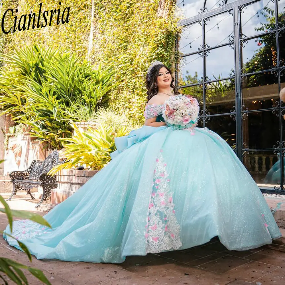 

Mint Green Glitter Crystal Bow Quinceanera Dresses Ball Gown 3D Flowers Appliques Lace Mexican Sweet 16 XV Anos