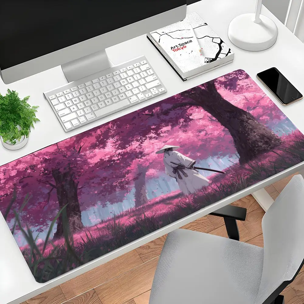 

Коврик для мыши в стиле японского аниме с пейзажами и самураем, большие коврики для компьютерных офисных игровых настольных ковриков, резиновые противоскользящие коврики для игровой клавиатуры и мыши