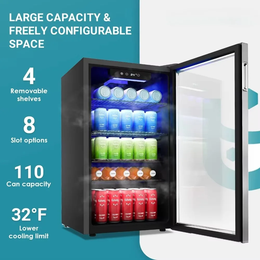 Beverage Refrigerator and Cooler, 126 Can Mini Fridge with Glass Door, Small Refrigerator with Adjustable Shelves