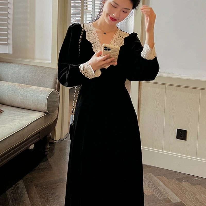 Vintage Maxi Evening Dresses Women Clothing V-Neck Slim Office Lady Work Wear Chic Lace Velvet Dress Elegant Black Winter 2023