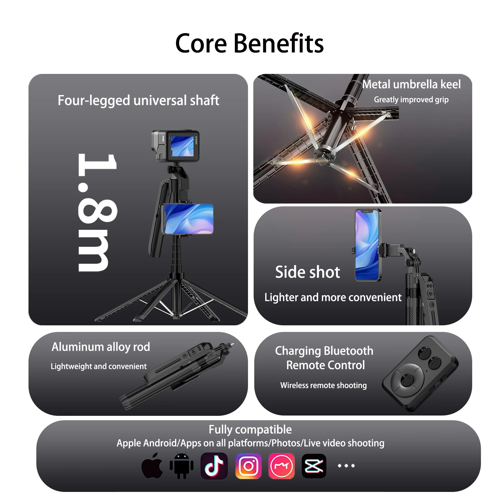 BOEICA 180cm Tripod Selfie Stick Stand Foldable Monopod With Detachable Bluetooth Remote Control for Travel Photography Video