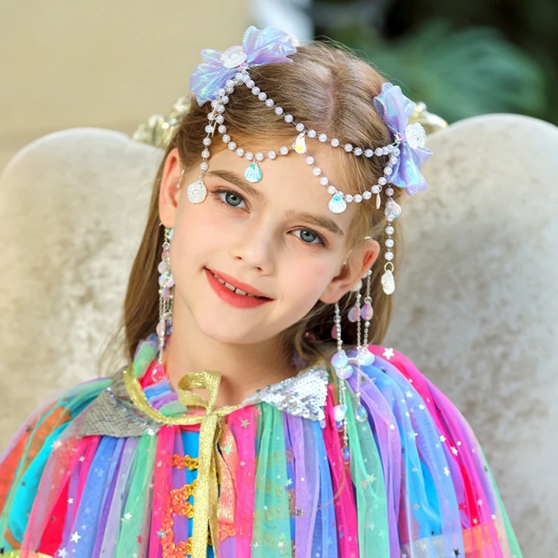 Fashion Children Mermaid Tassel Clip For Girls Princess Bow Forehead Fringe Chain Fairy Hair Clip Kids Hair Accessories