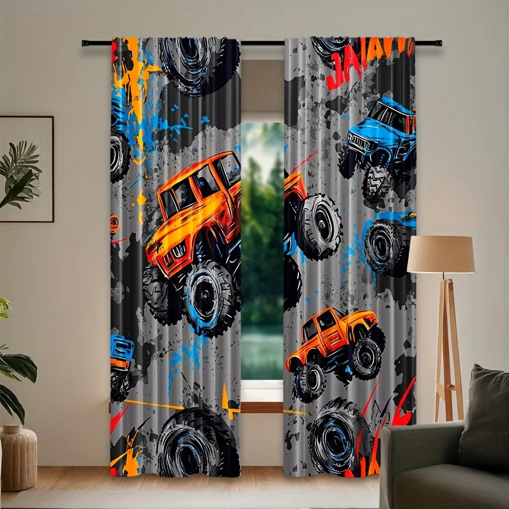 2 Cortinas de Camioneta Monster Truck, Diseño de Vehículo Todoterreno en Naranja y Azul, Decoración para Habitación Infantil, Panel Decorativo para Ventana
