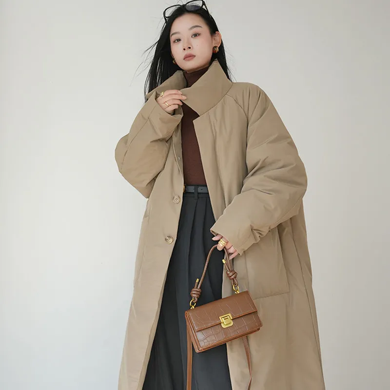 Thickened Down Cotton Jacket For Women Knee Length 2025 Autumn Winter New Style Loose Standing Collar Cotton Jacket For Women