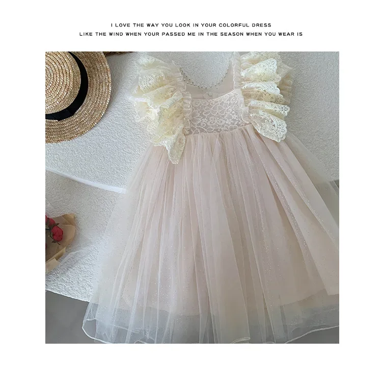 رائعة الدانتيل صنع نفخة الأكمام حساسة الدانتيل منقوشة صد تتدفق تول الأطفال تنورة أنيقة طفل فتاة فستان المشمش