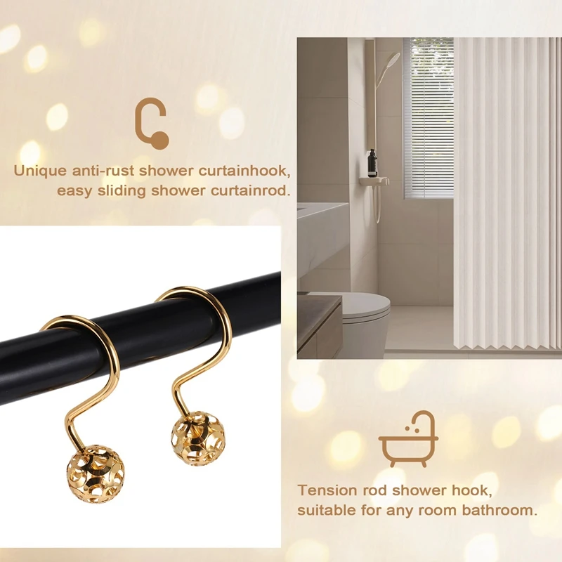 

Крючки для занавесок для душа, золотые крючки для занавесок для душа, кольца, набор из 12 декоративных крючков для занавесок для душа, металл