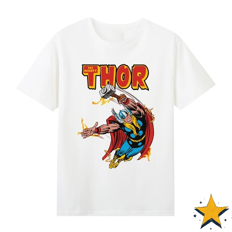 تي شيرت Retro Marvel Avengers Thor مطبوع من القطن بأكمام قصيرة للرجال على طراز الشارع العصري