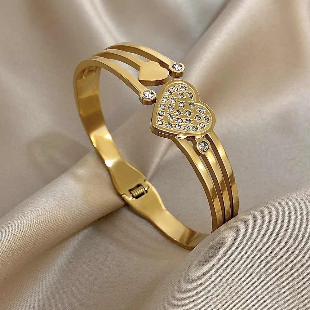 

New Fashion Heart Stainless Steel Wide Bracelet Bangle for Women Waterproof Hollow Out Multilayer Spring Opening Bangle Jewelry