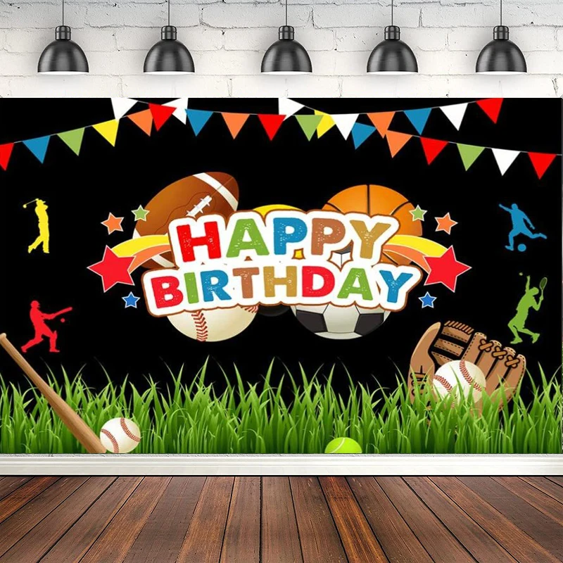 

Happy Birthday Photography Backdrop Colorful Flags Stars Blackboard Background Baseball Football Rugby 1st Birthday Party