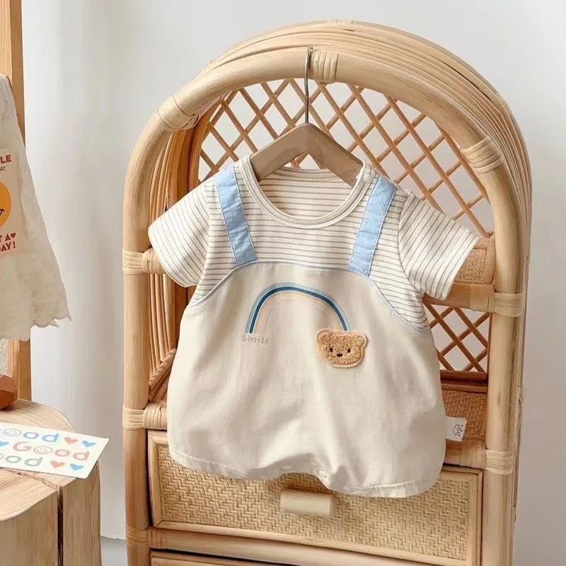 Class A pure cotton infant clothes summer thin onesie newborn baby fake two bear splicing short sleeves