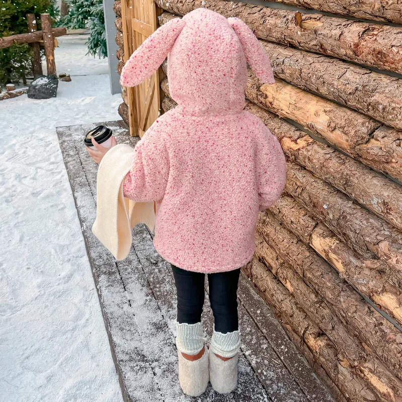 Autumn Winter Cute Baby Girl Clothing Outfits Rabbit Ear Hoodie Jacket Wool Coat Kids Outerwear Clothes for Girl 2 3 4 5 6 7 8 9