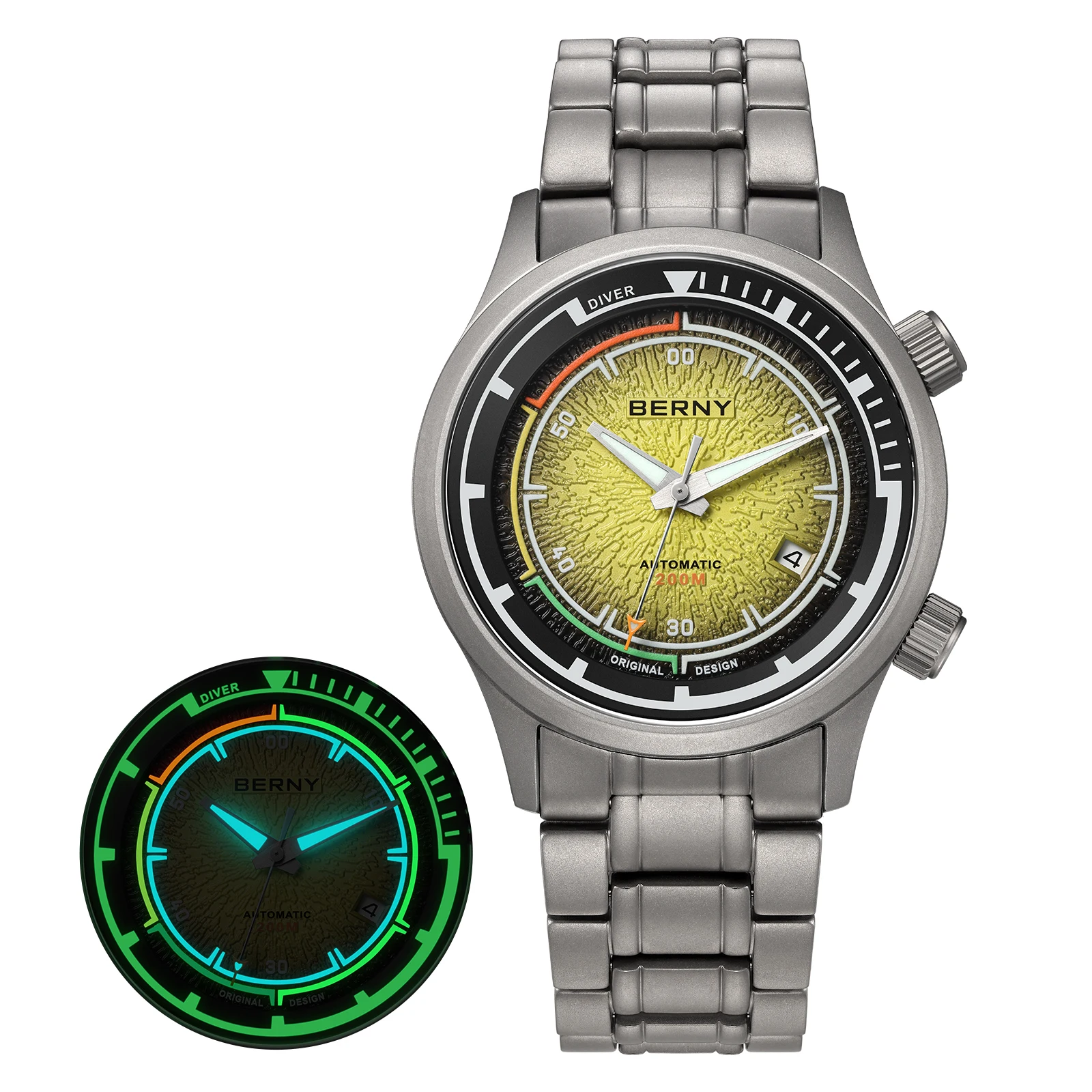 BERNY Herren-Taucheruhren, Titan, automatisch, mechanisch, superleuchtend, Herren-Taucheruhr, Saphirglas, 200 m wasserdicht, Sporttauchen