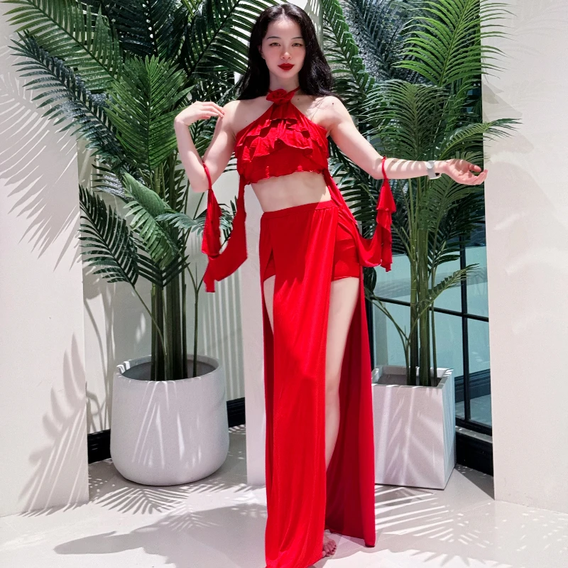 

Belly Dance Professional Suit for Women 2 Pieces Set Top + Long Skirt Short Sleeves Girl's Belly Dancing Suit Practice Clothes