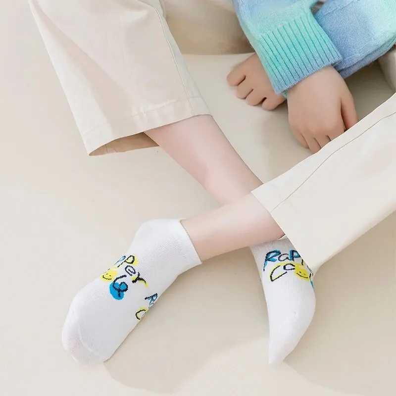 8 Pairs of WOMEN\'S White Funny Pattern Cotton Short Socks, Ankle Breathable Sports Socks, Casual Summer Thin Socks