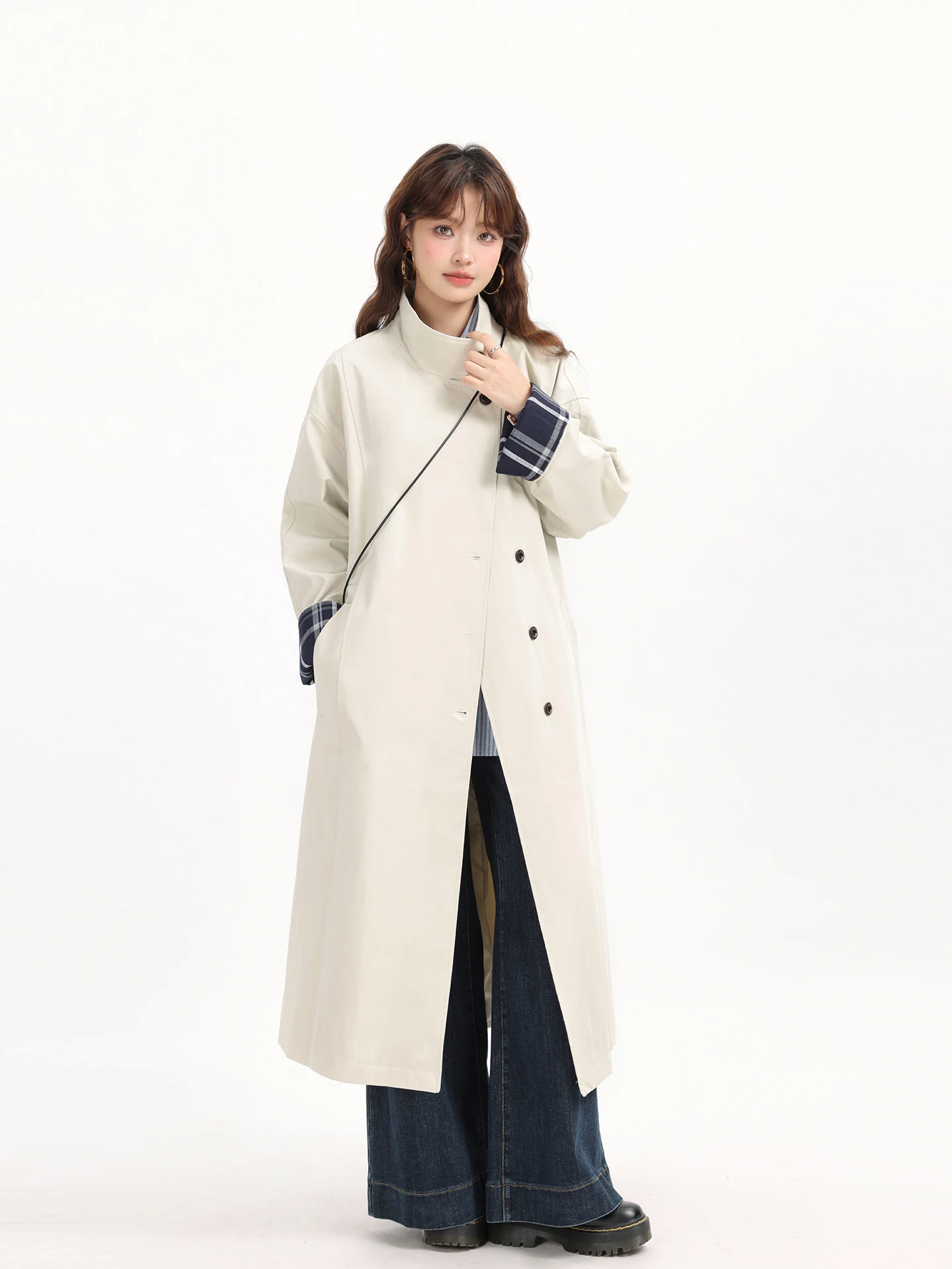 Trendy Plaid Color Block Stand Collar Long Casual Coat Autumn Winter Outerwear Women's Fashion High Quality Windbreaker Jacket