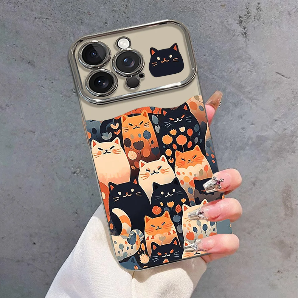 Cartoon Cute Cat Group Cartoon Style Electric Ferry Large Window Phone Case For IPhone 12 11 13 14 15 16 Max Pro Plus Shell