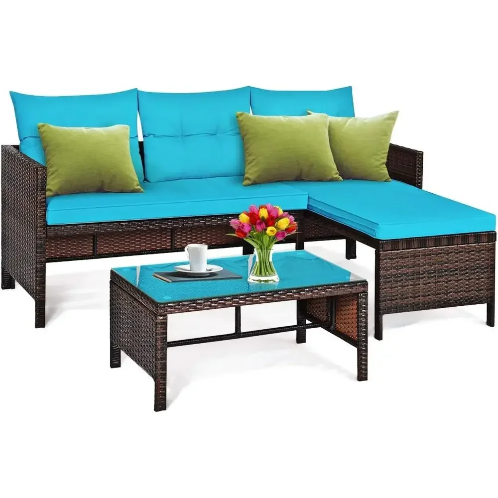 Turquoise 3-Piece Outdoor PE Rattan L-Shaped Sectional Sofa Set with Loveseat, Lounge, and Glass Coffee Table