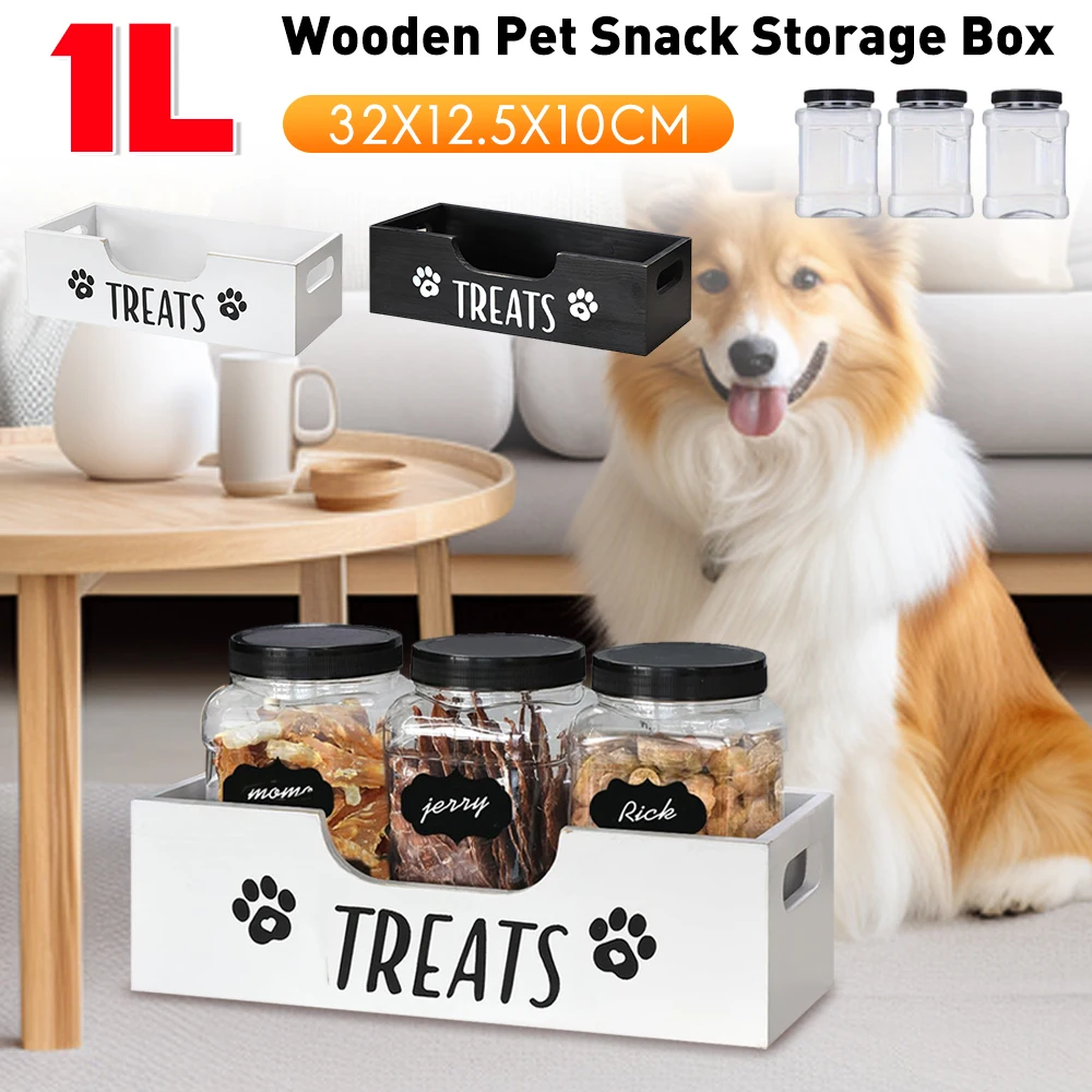 

Деревянный контейнер для корма для животных с 3 пластиковыми герметичными банками, органайзер для лакомств для кошек и собак, аксессуары для домашних животных ﻿
