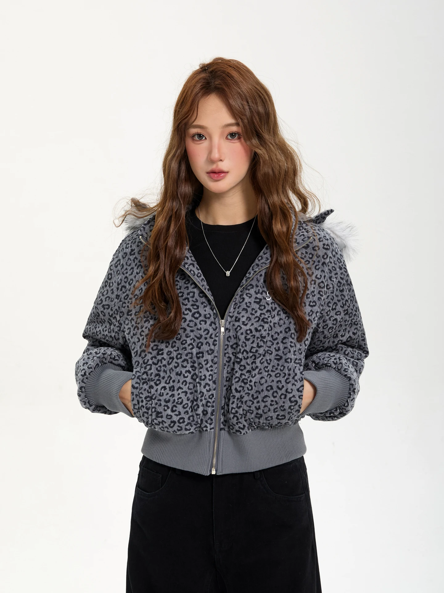 

7KEEWEN Winter American Retro Leopard Print Hooded Fur Collar Warm Cotton Lamb Fur Jaet Women ort Cotton Coat Street Sl...