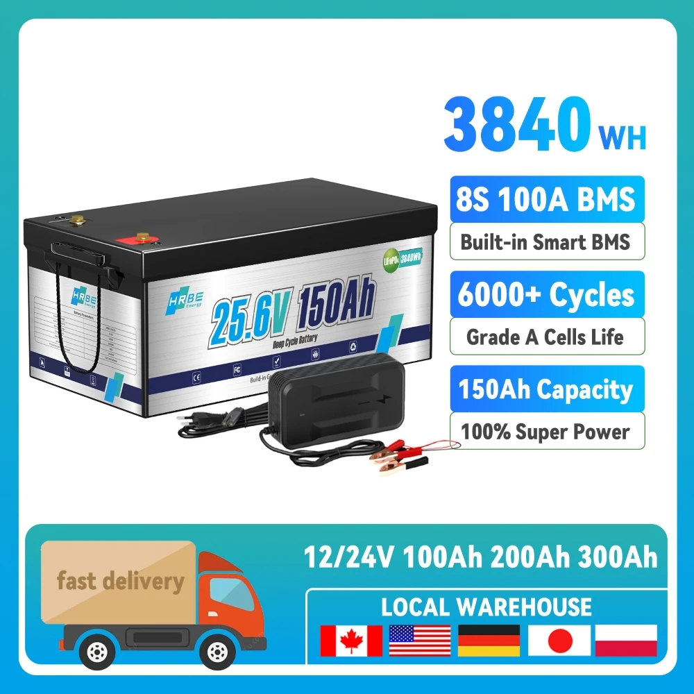 

24V 100Ah 50Ah LiFePO4 Battery, Lithium Batteries with 100A BMS, 6000+ Rechargeable Deep Cycles, Grade A Cells, for Marine,Solar