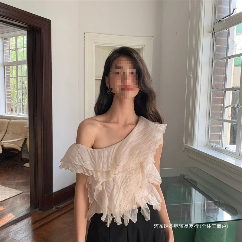 

Women Off Shoulder Blouse Summer French Style Chiffon Sweet Ruffles Flowy Slim Fit Tops Chic Clothing Casual Party Wear
