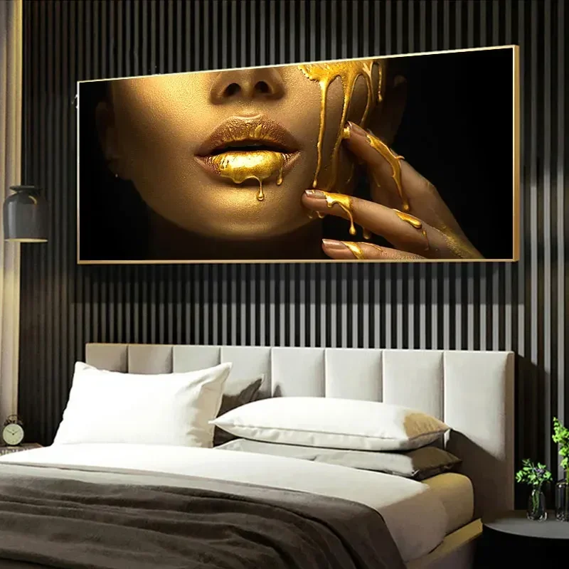 Large Size Black Woman with Sexy Gold Lips Oil Painting Poster Modern Wall Cuadros Home Roon Decoration Unframed Wall Art