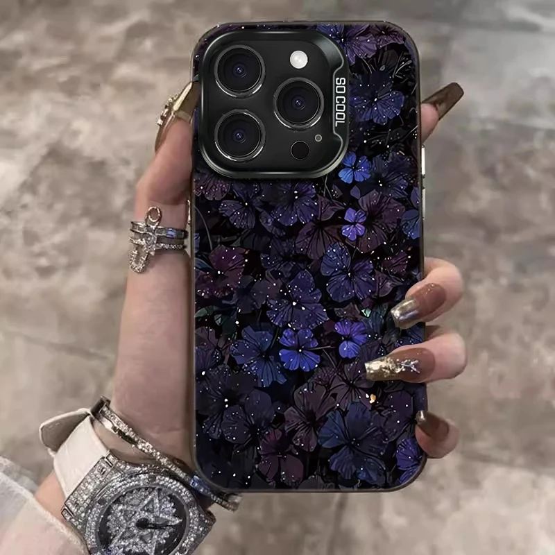 

Purple Floral Pattern Electroplated Laser TPU Phone Case For iPhone 17 11 16 13 12 14 15 Pro Max XS XR X 8 7 Plus 17E 16E Cover