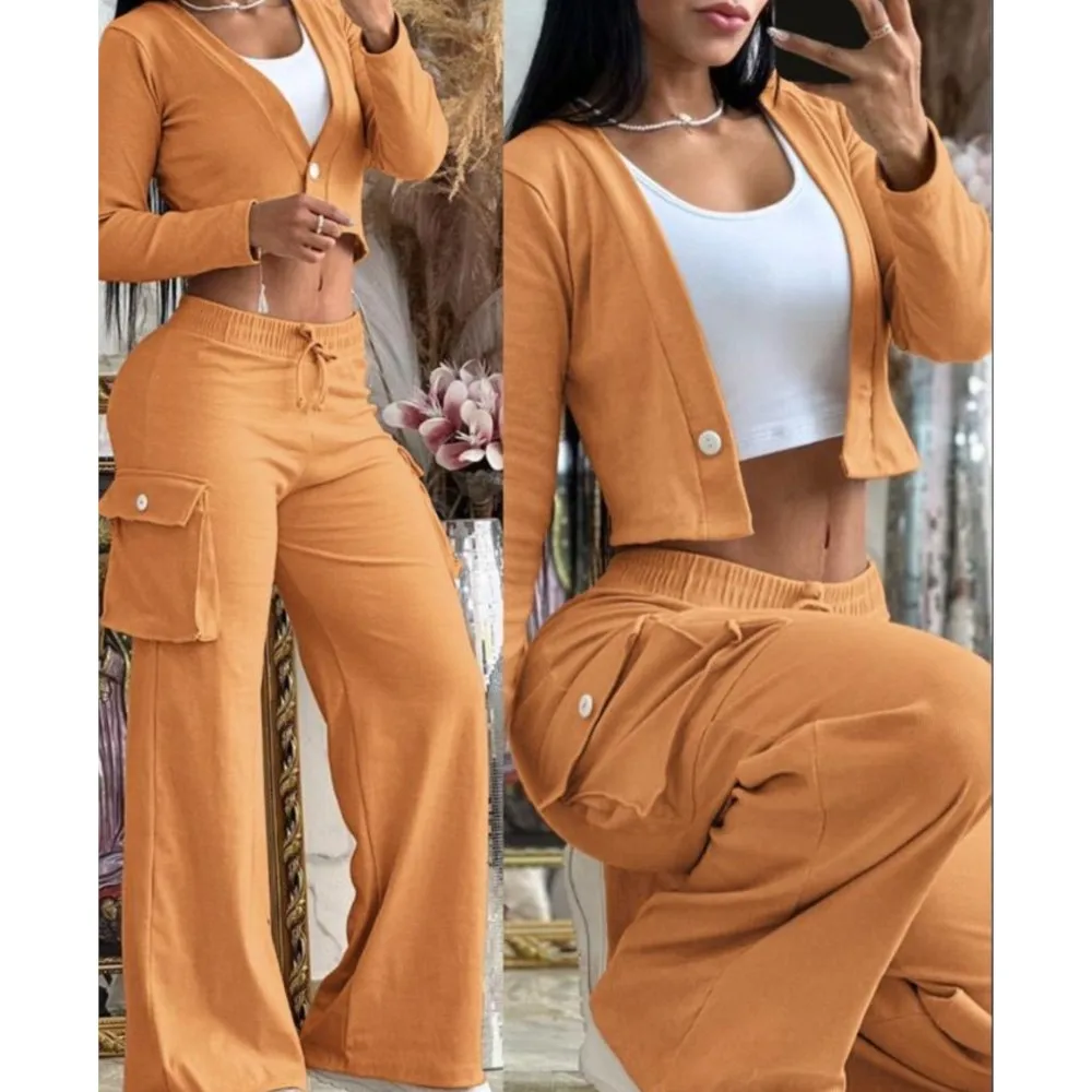 Camouflage Print Two Piece Sets Women Outfits Autumn Tracksuit Buttons Crop Top & Pants Casual Pocket  Sport Suit 2 Piece Set