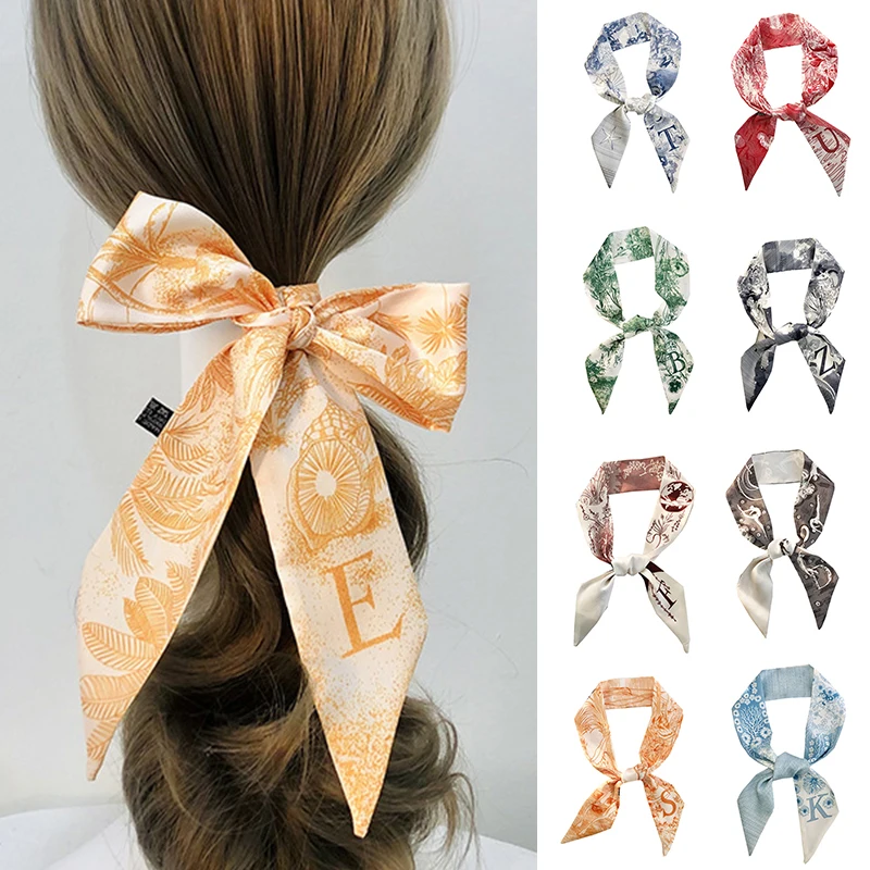 100*6cm Narrow Silk Small Scarf 26 Initials Letters Luxury Bag Scarf Bandana Hair Tie For Women Print Hijab Neckerchief Headband