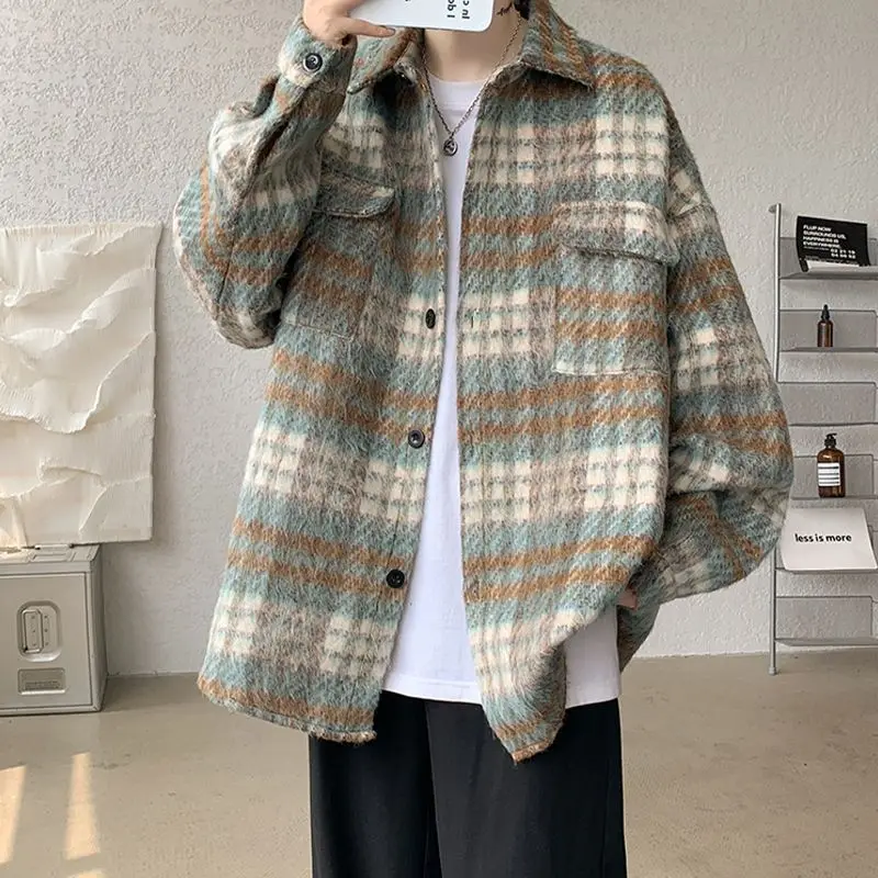 

Оверсайз рубашка-куртка в клетку 300 Pou для мужчин и женщин, молодежная, в стиле INS, свободного кроя, с принтом, с длинным рукавом