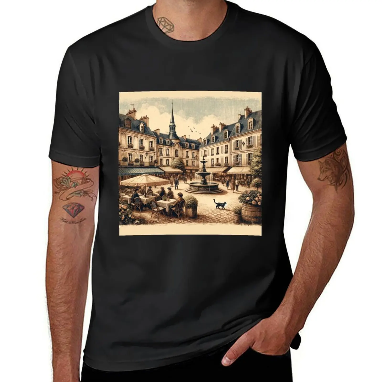 

French Town Square Vintage Scene T-Shirt shirts graphic tees korean fashion animal prinfor boys Men's cotton t-shirt