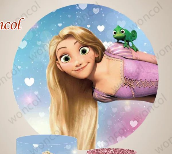 Rapunzel Round Backdrop Disney Princess Birthday Backdrop Tangled Pascal Flynn Rider Rapunzel Cylinder Cover Decor Photo Prop