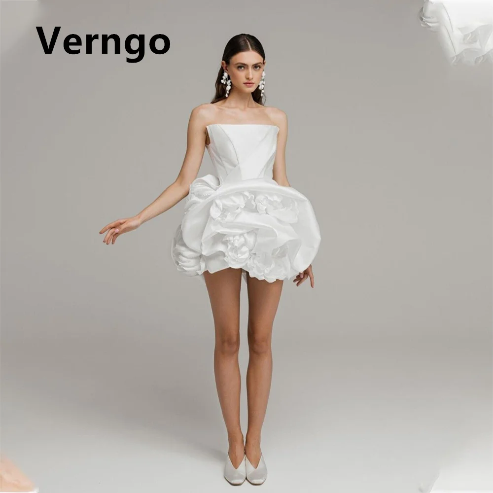 

Verngo White Satin Party Dress Mini 3D Flower Prom Gowns Strapless Sleeveless Short Birthday Dress Girl Formal Occasion Gowns