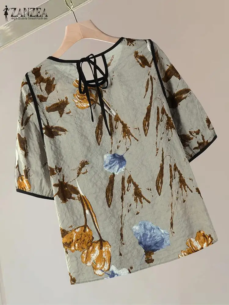 2024 Summer Floral Printed Shirt Bohemian Women Blouse ZANZEA Casual Short Sleeve Work Blusas Fashion Lace Up Tops Tunic Femme