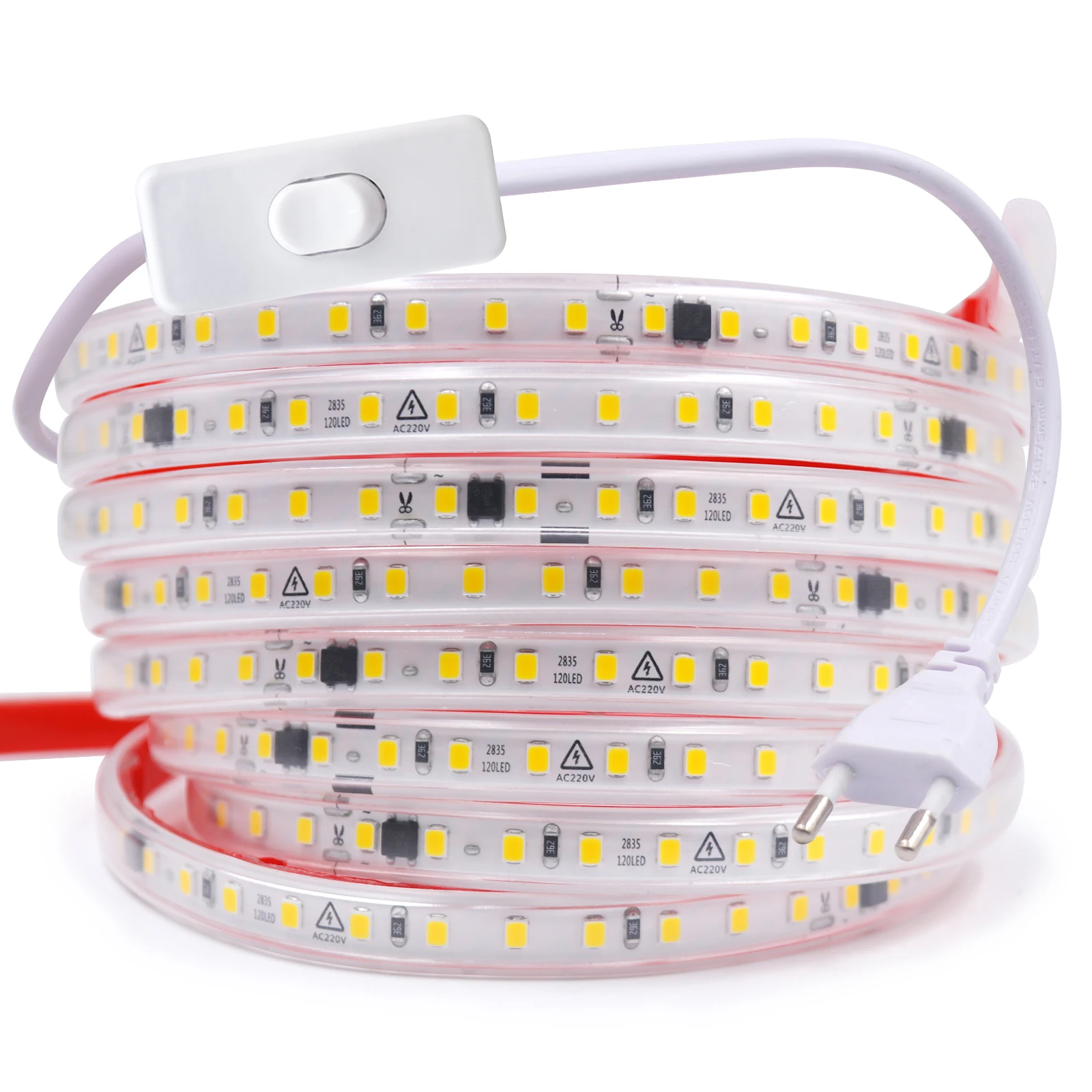 

220V LED Strip Lights 2835 120LEDs/m Flexible Outdoor Lamp Waterproof Adhesive LED Tape with Switch UK/EU Plug Home Decoration