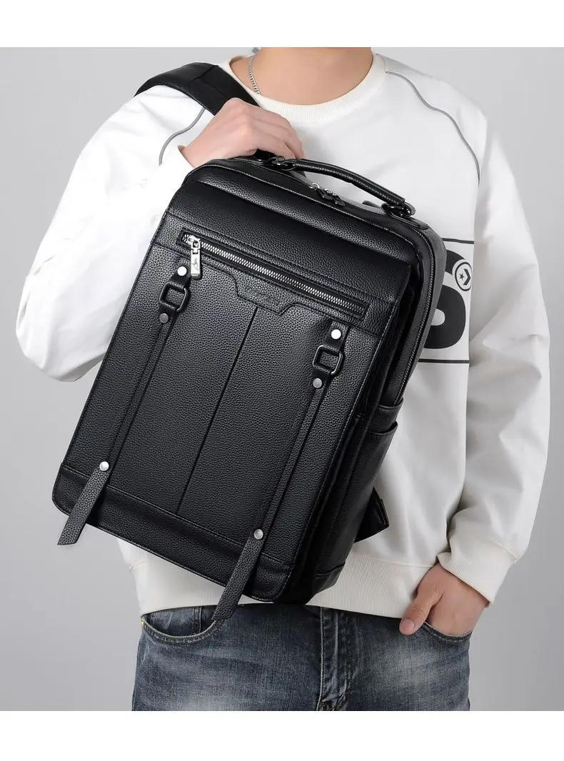 Men's leather 14 inch laptop backpack Waterproof travel backpack retro business bag handbag schoolbag Commuter Casual Daypack