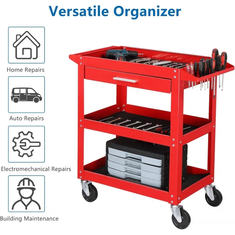 3 Tier Rolling Cart, 330 LBS Capacity Industrial Service Cart, Heavy Duty Steel Utility Cart, Organizer with Drawer, P