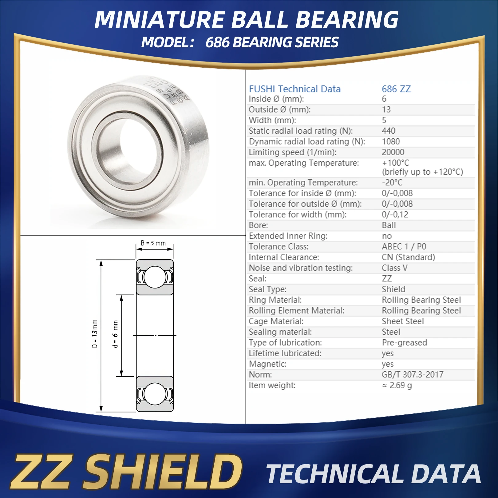 FUSHI 686 ZZ Bearing 6x13x5 mm 10Pcs 686ZZ RS 2RS 686Open Handpiece Bearings For Video Card High Speed For Motor