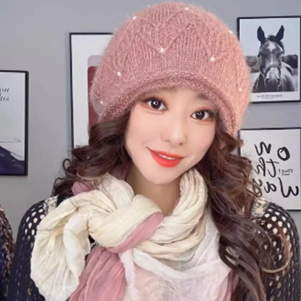 Vrouwen Winter Warm Gebreide Hoeden Dubbellaags Effen Kleur Dikker Pluche Warme Beanie Cap Coldproof Gehoorbescherming Wol Gehaakte Caps