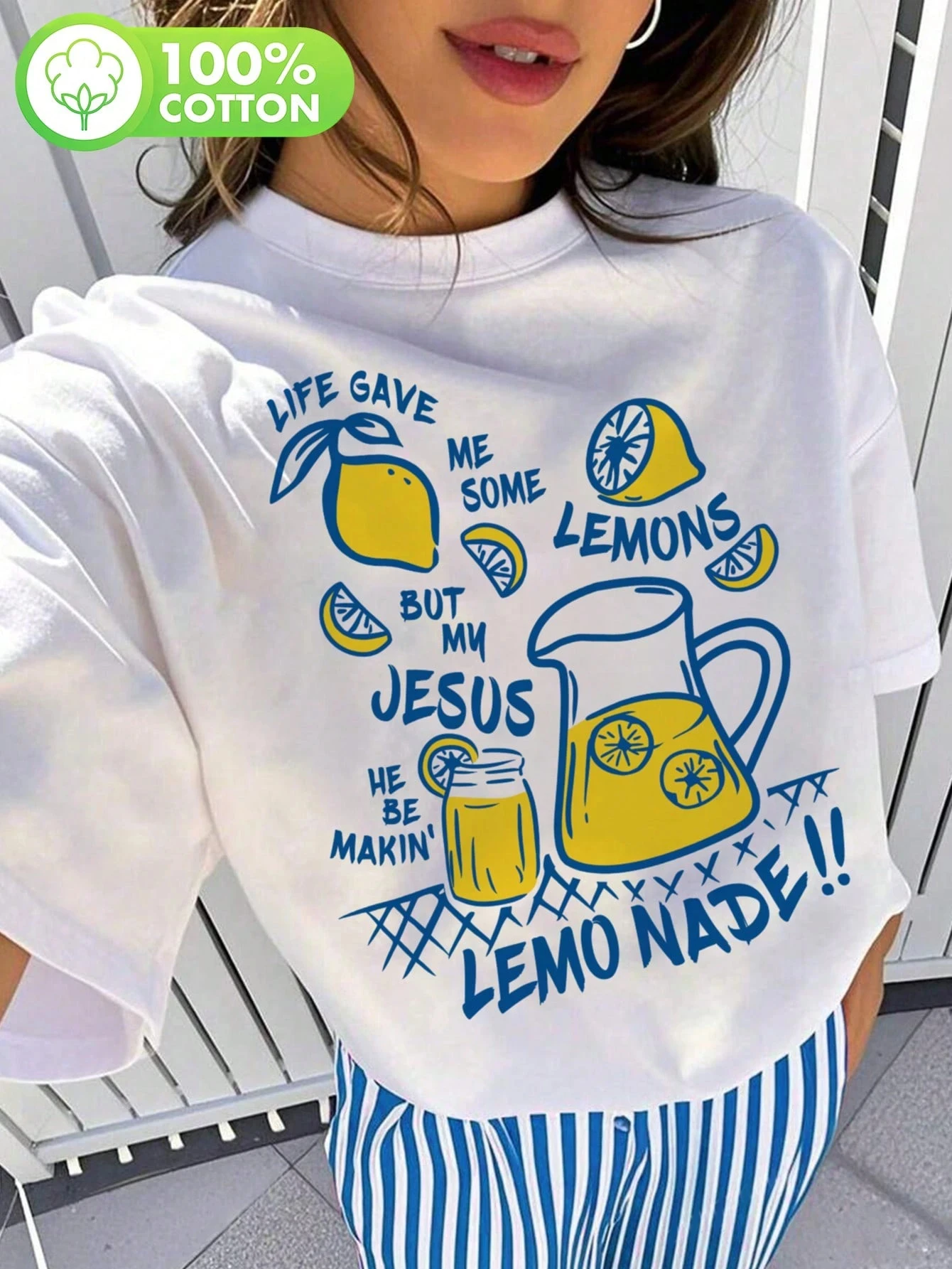 Camisetas de algodón con cuello redondo para mujer, camisetas con estampado de limonada, camisetas de manga corta con estampado de Jesús, ropa informal de verano Life Gives Me Some Lemons