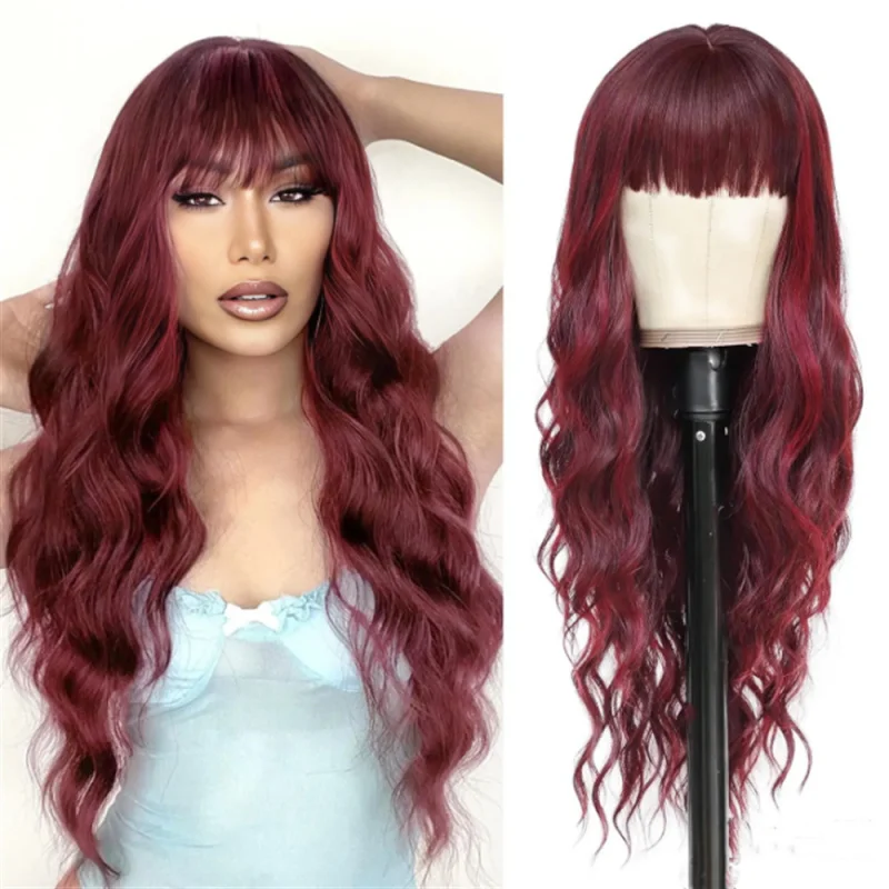 

Fashionable hot girl long curly hair with bangs, red-brown slightly wavy face-slimming wig