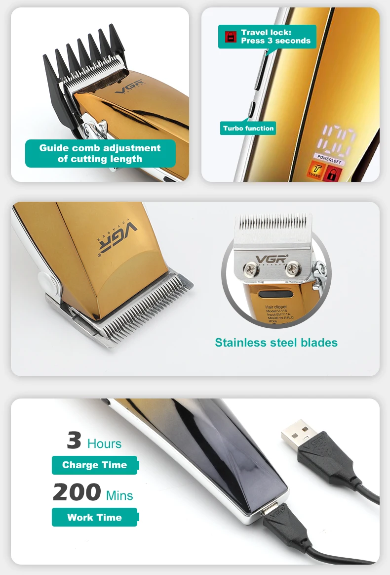 男性用バリカン,vgr 115充電式バリカン,調整可能な美容院,デジタルディスプレイ
